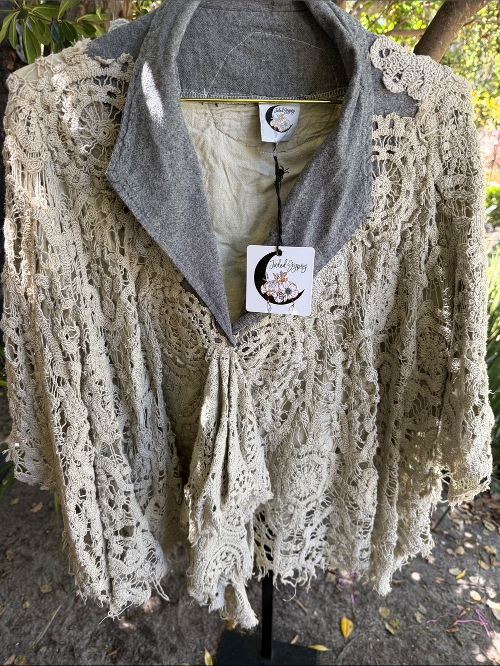 Jaded Gypsy Women's Cream Crochet Shawl Cardigan with Gray Collar